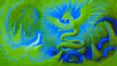 Quetzalcóatl se enfrenta a Tezcatlipoca en el inframundo, mientras Xochiquetzal observa desde un segundo plano, iluminada por una luz resplandeciente.