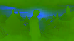 Fletcher standing in the heart of the village at dawn, with the first light breaking through the darkness.