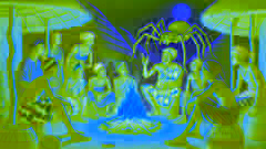 Anansi sharing stories with villagers around a fire in a lively Ghanaian village.