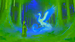 Lian se inclina ante el Fénix Dorado en un claro del bosque, envuelto en una misteriosa bruma.