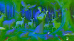 Orpheus, der seine Leier spielt, umgeben von verzauberten Tieren in einem üppigen Wald.