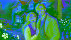 John and Mary smiling in front of a charming house with a vibrant garden, in the early stages of love.
