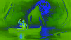 O encontro noturno de William com o Bunyip em um pequeno barco com uma lanterna, enquanto o Bunyip emerge das águas.