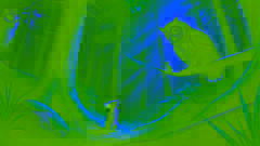 El ratón mira hacia arriba a un búho sorprendido posado en una rama, mientras el denso bosque que los rodea crea una atmósfera misteriosa.