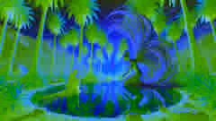 Daryush kneels at the Enchanted Oasis as the ethereal spirit emerges from the crystalline pool, surrounded by date palms.