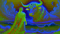 El rey Minos, en la costa de Creta, observa al divino toro de Poseidón, con su brillante pelaje blanco.