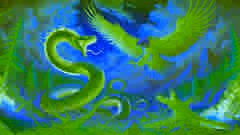 The Great Serpent and Great Eagle battle fiercely, with storm clouds and scattered debris in the chaotic landscape.