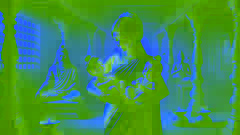 Anasuya sostiene en sus brazos las formas infantiles de Brahma, Vishnu y Shiva, mientras el sabio Atri medita en un hogar sereno.