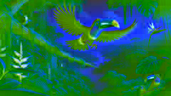 Tico the toucan leaping from a branch, beginning his first flight over the dense Amazon rainforest canopy.