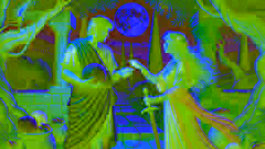 Teseo y Ariadna en un jardín de palacio iluminado por la luna, mientras ella le entrega una espada y un hilo para su descenso al Laberinto.