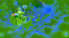Rudolph guide le traîneau du Père Noël à travers une épaisse brume, son nez rouge lumineux éclairant le chemin tandis que les étoiles scintillent doucement au-dessus.