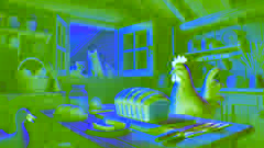 La pequeña gallina roja disfruta de su pan en la mesa, mientras el gato, el perro y el pato miran a través de la ventana.