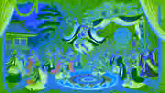 Uzume danse joyeusement devant les dieux, près de l'entrée de la grotte, tandis que le miroir sacré reflète la lumière et les trésors environnants.