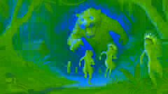 Tainá and villagers flee through the Amazon as the guardian jaguar chases them, led by the Curupira through hidden paths.