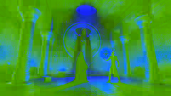 Ammon fait face à un sorcier ombreux dans une tombe ancienne, tenant un relic ankh brillant pour sceller Apophis.