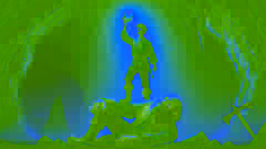 Askeladden sostiene el brillante huevo dorado mientras el gigante se arrodilla, derrotado.