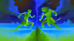 Anpu charges at Bata with a knife in a wheat field, the earth splitting open between them.