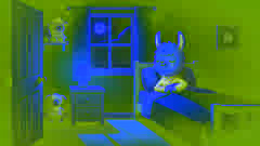 Lama Lama schläft friedlich im Bett, eingehüllt in sanftes Mondlicht, und fühlt sich sicher und geliebt.