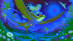 Pulgarcita viaja en la espalda de una golondrina, volando alto sobre un paisaje pintoresco.
