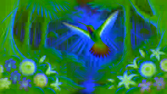 Um beija-flor com penas iridescentes pairando entre flores vibrantes em uma floresta tropical serena, com a luz do sol filtrando-se através das folhas.