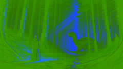 Santa Marta se encuentra con la Tarasca en un oscuro bosque, donde la luz se filtra entre los árboles, creando una atmósfera tensa.
