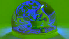 The Jade Rabbit grinds herbs with its mortar and pestle on the moon's surface, glowing softly under the moonlight.