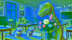 Penelope reicht ihren Mitschülern in einem warmen Klassenraum ein Blumenbouquet, um sich bei ihnen zu entschuldigen.