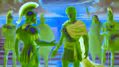 Reborn as a mortal, Callisthenes stands on the shores of Greece at sunset, greeted by fellow warriors.