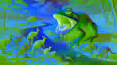 Tiddalick, la grenouille géante, retient de l'eau près d'un lit de rivière asséché, tandis que les animaux se rassemblent, désespérés, pendant une sécheresse.