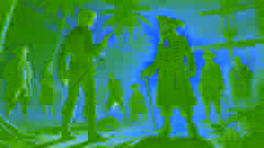 Jim Hawkins stands defiantly, holding a pistol as he faces Long John Silver in a tense final confrontation.