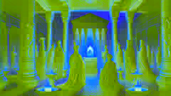 A glowing stone inside a Persian temple, with figures in Zoroastrian robes venerating the sacred object.