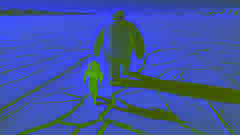 Awan and the Snow Man crossing a frozen lake with cracks forming beneath their feet.