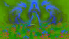 La anciana Ella-Quien-Está-Sola se sienta entre los azules bonetes en flor, fusionándose con las flores mientras aparecen espíritus en el cielo.