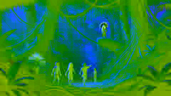 Young villagers, led by Tainá, cautiously move through the dense Amazon jungle, approaching the distant Curupira.