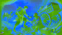 Arash repairing a cart on a desert path, assisting Laleh, with distant mountains under the golden sunlight.