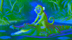 Un astuto mono monta sobre la espalda de un engañoso cocodrilo en un río, con un frondoso bosque de fondo.