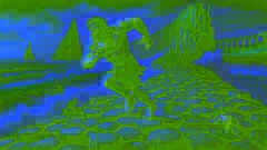 Benandonner corriendo por la Calzada de los Gigantes en dirección a Escocia, desgarrando las piedras en pánico mientras huye de Finn MacCool.