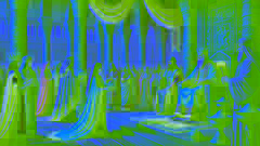La Reina de Saba visita al Rey Salomón, ofreciendo regalos de oro y especias en su grandiosa corte de Jerusalén.