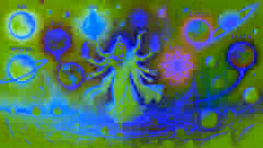 Brahma creating the elements of air, fire, water, earth, and ether, glowing in spheres of energy