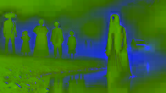 Una familia ve la figura fantasmagórica de La Llorona cerca de una orilla del río envuelta en neblina, su rostro está oscurecido, lo que añade a la atmósfera escalofriante.