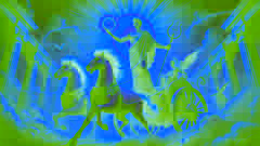 Apolo em uma carruagem dourada, segurando uma lira, conduzindo cavalos flamejantes pelas nuvens com raios de sol.