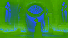  A young wizard stands solemnly in front of an ornate archway with a veil, surrounded by glowing orbs.
