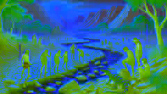 The first people facing a great drought, following the Rainbow Serpent's guidance to find hidden sources of water.