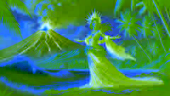 Pele, la diosa volcán, se presenta vestida con indumentaria hawaiana, sosteniendo un báculo. Detrás de ella se alzan un volcán y olas chocando.