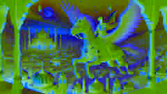 El príncipe montando el caballo encantado por encima de una ciudad exótica.