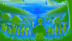 Kiyoshi observa su antiguo pueblo al atardecer, mientras los aldeanos le saludan con gratitud.