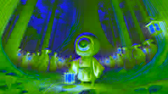 Los aldeanos con farolillos se enfrentan al Hitotsume-kozou en un bosque brumoso, su único ojo observándolos desde las sombras.