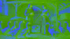Gisela disguised as a goose girl, talking to Conrad in a rustic stable.