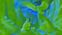 Lituche and Kuyén encounter a wise condor perched on a rocky ledge in a dramatic mountain pass
