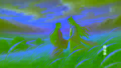 Wei und Mei gehen Hand in Hand durch ein friedliches Feld bei Sonnenuntergang, ihre Liebe und ihr Schicksal für immer miteinander verwoben.